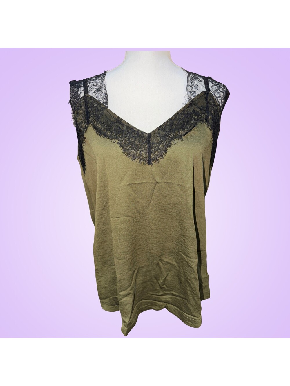 Womens Large Olive Green Black Lace Trim V-Neck Tank Top Cami Lounge Boho
